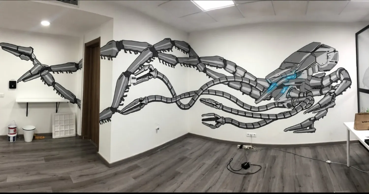 Fresque robotique futuriste réalisée dans les bureaux de CB Robotics